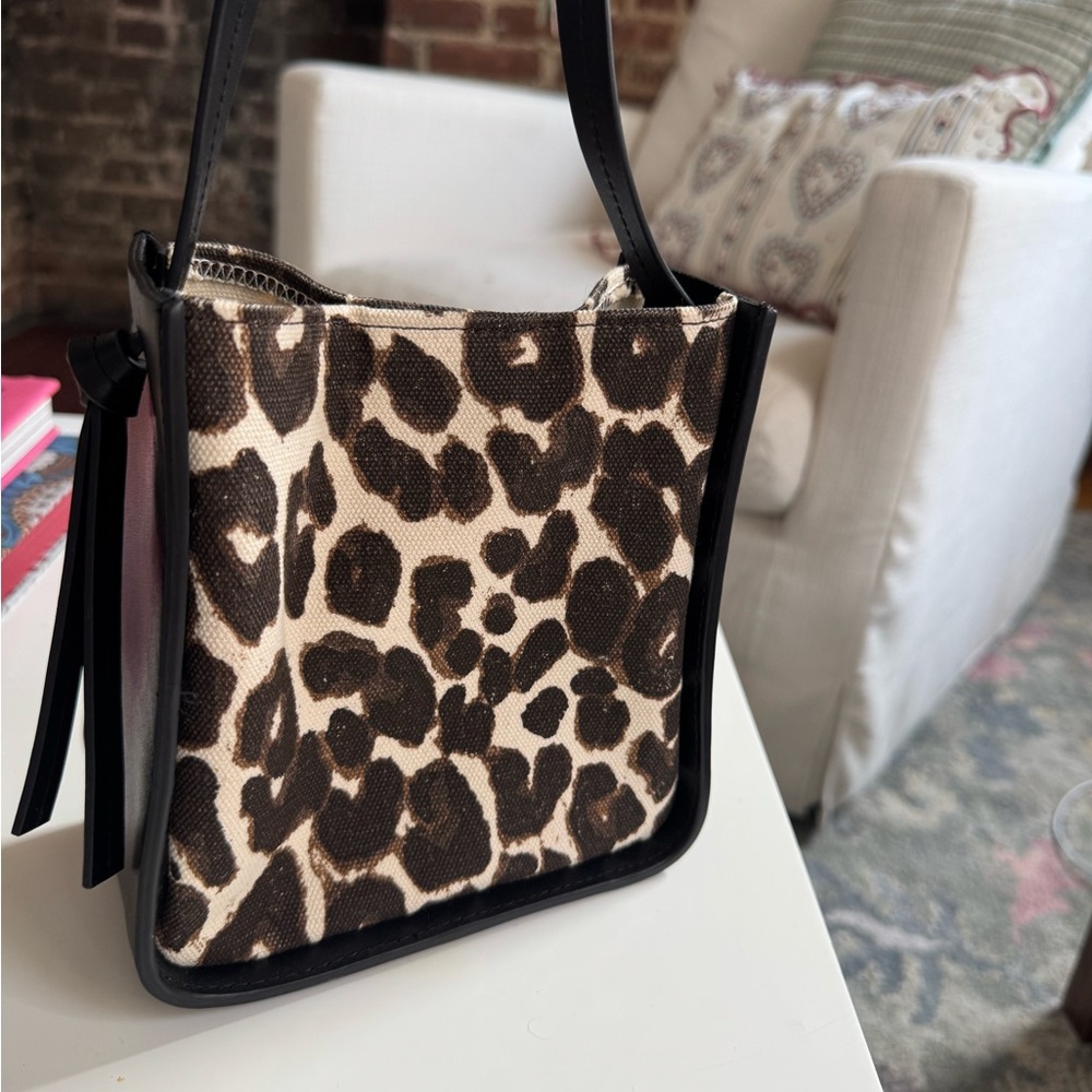 Loeffler Randall Leopard Canvas Shoulder Bag with Black Trim